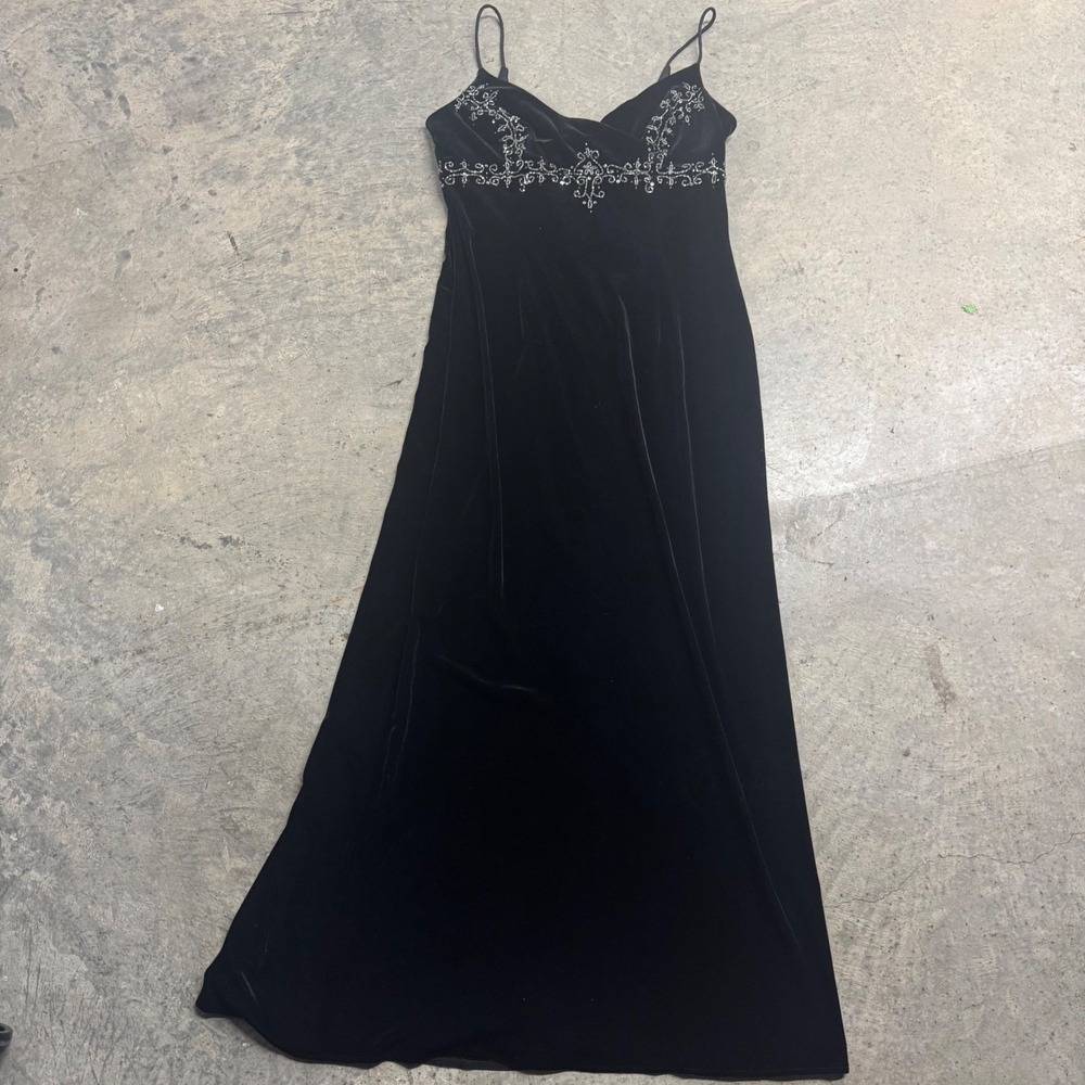 DJ Nights Women's Y2k VTG Black Rhinestone Open Back Maxi Dress S/14 Whimsigoth